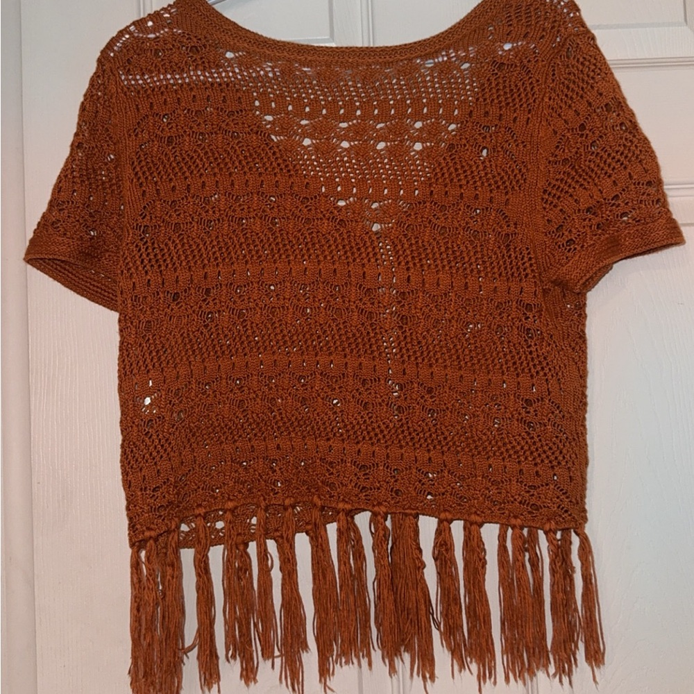 Vintage Rust Crocheted Fringe Short-Sleeve Sweater